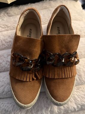 Vaneli Brown Suede Slip-On Mules with Tortoiseshell Chain